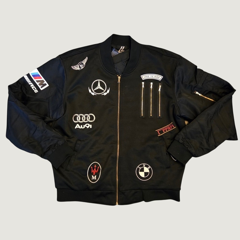 Lavish Society Grand Prix Racing Bomber Jacket Black Multi Logo Mens 3XL